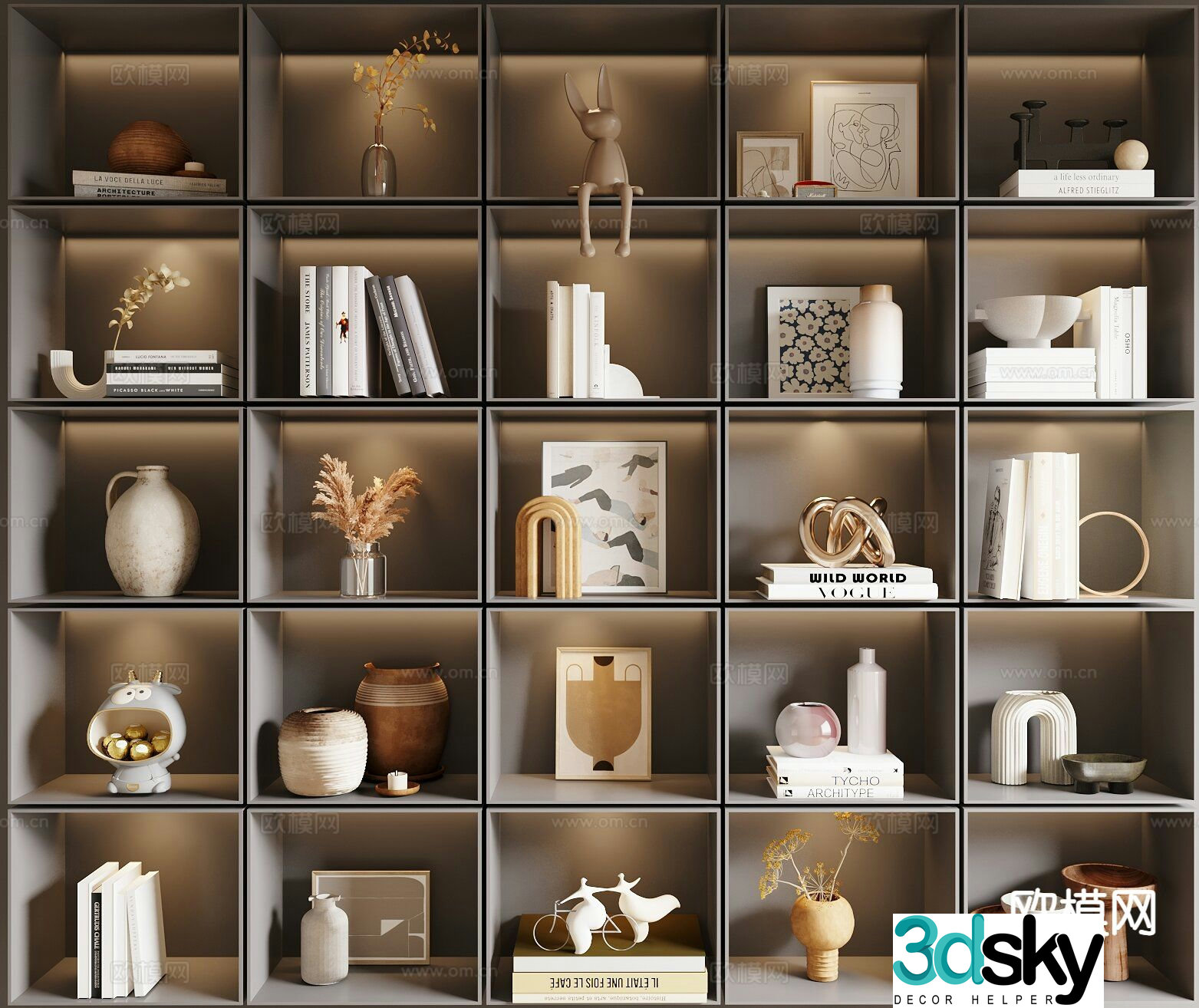 Modern decorations ornaments books vases 3d model