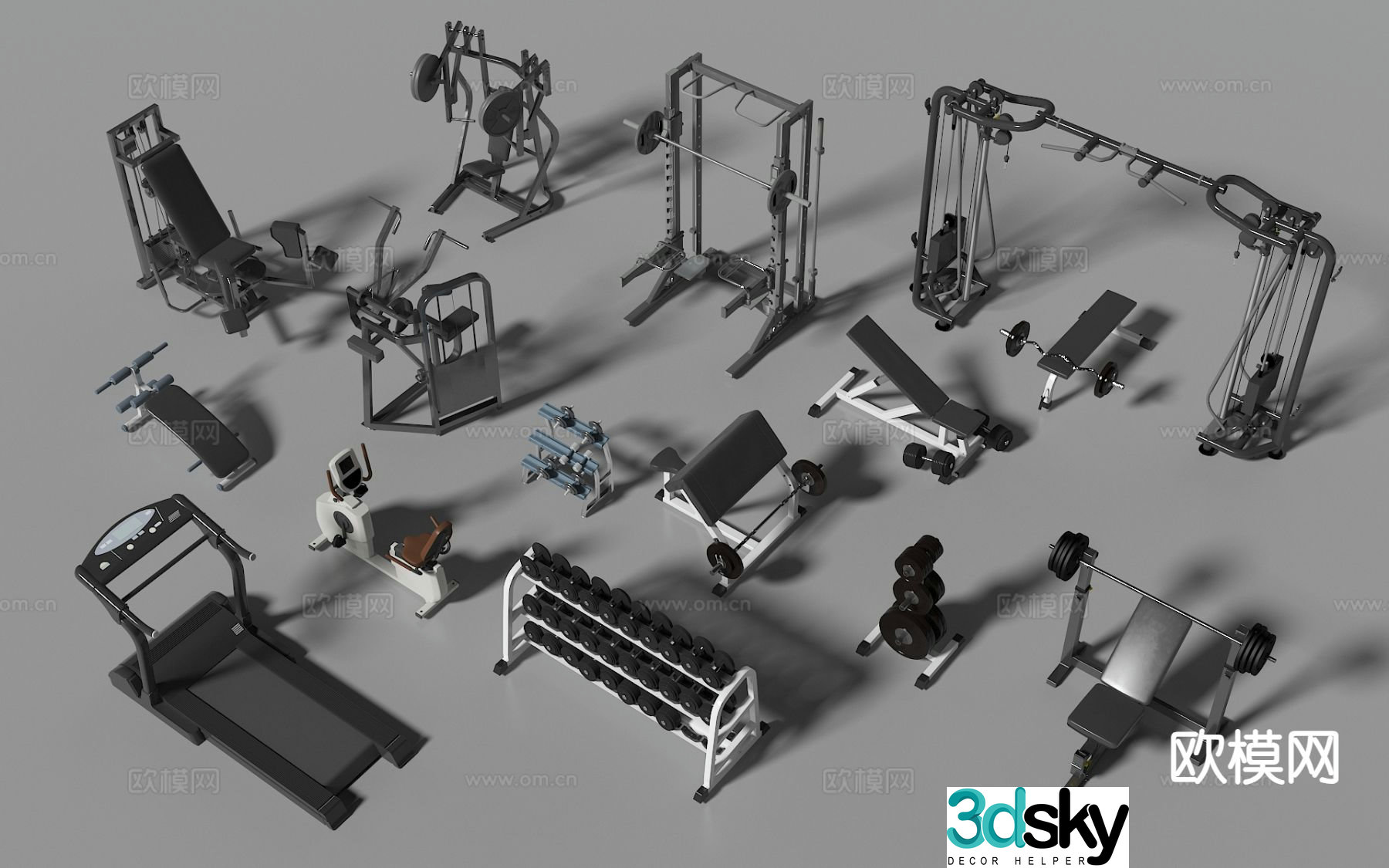 Fitness equipment treadmill barbell sit-ups 3d model
