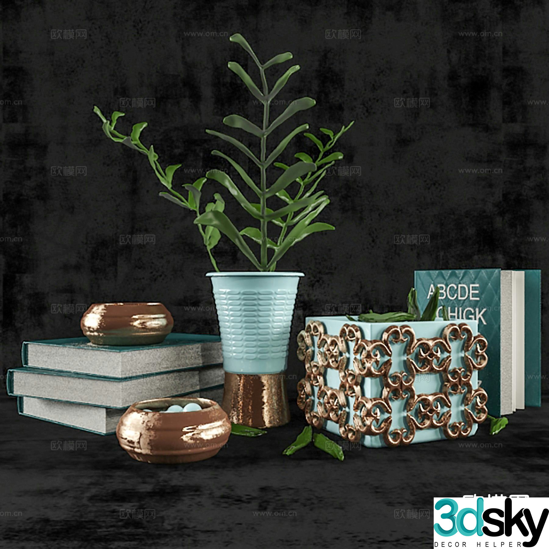 Modern decorations tableware books vases 3D model