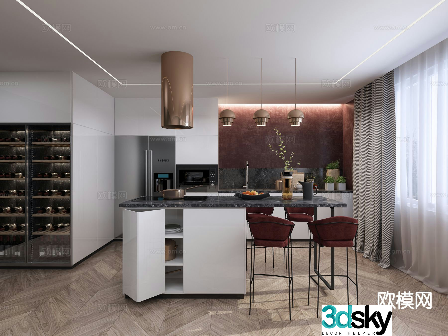 Open kitchen island bar 3D model