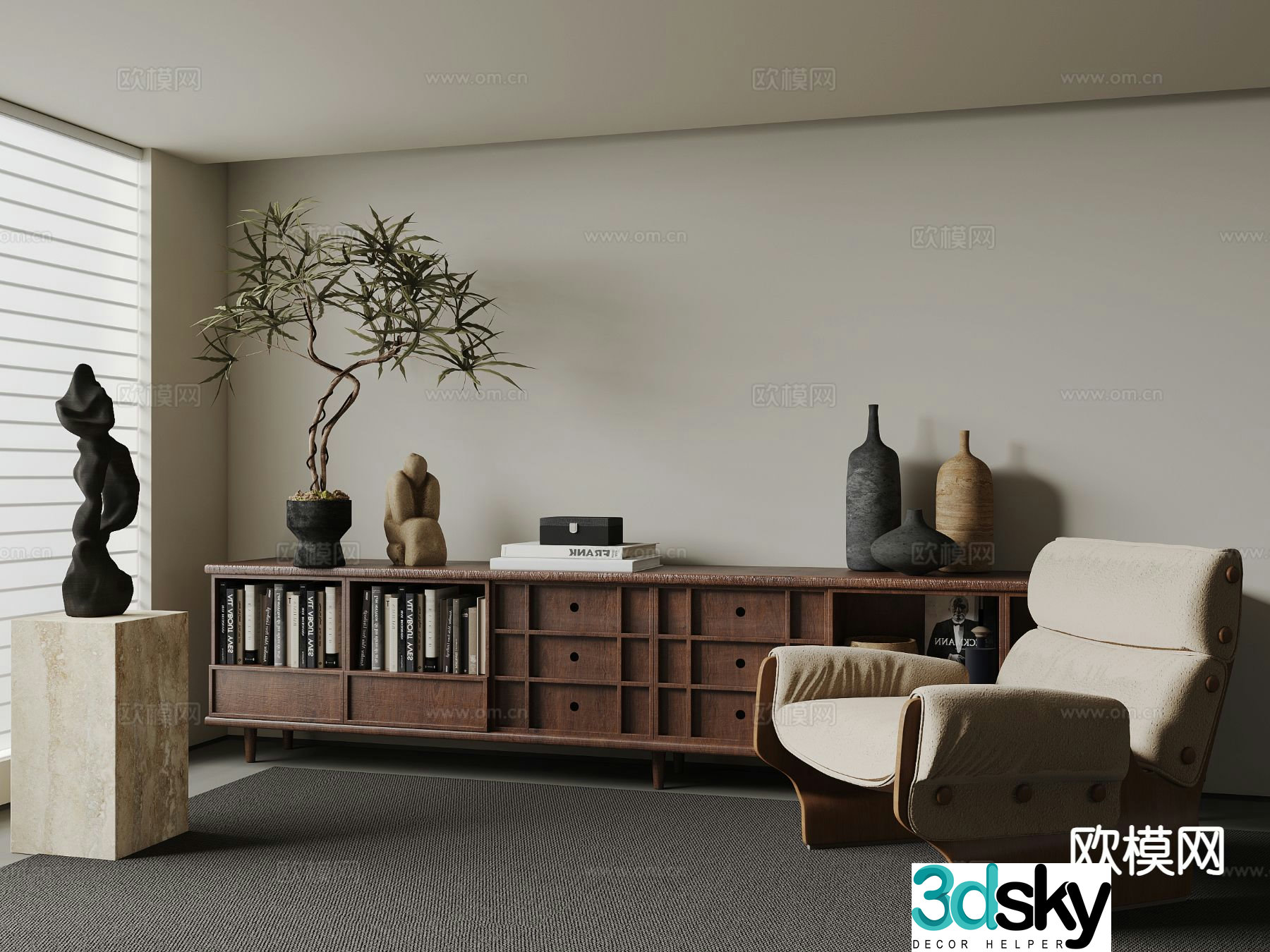 Medieval style leisure chair side cabinet 3D model