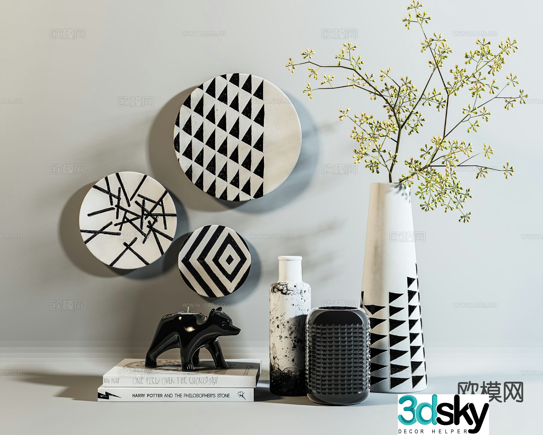 Modern decorations tableware wall decorations vases books 3D model