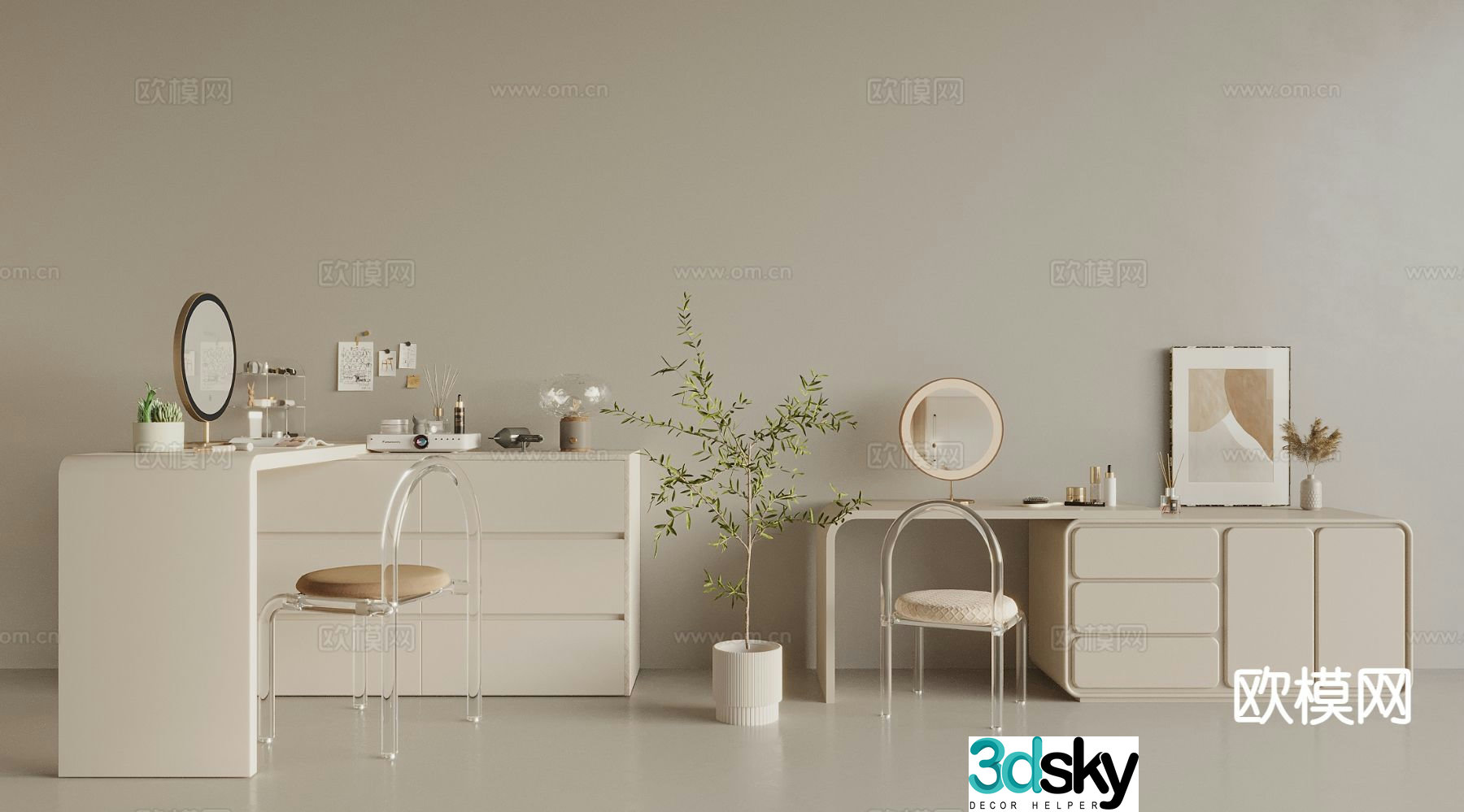 Cream style dressing table makeup table makeup stool makeup table 3D model