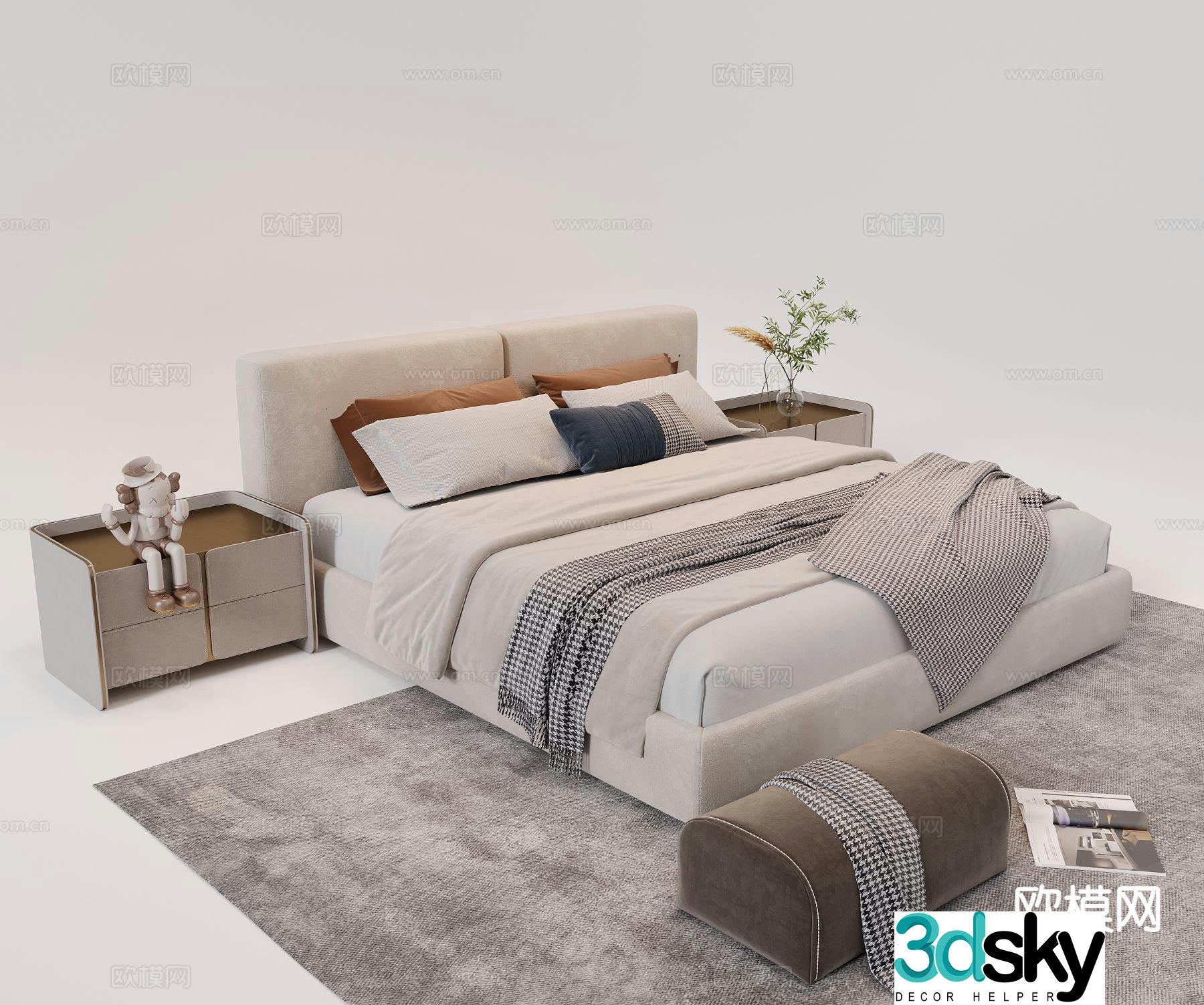 Modern double bed soft bedside bedside table 3d model