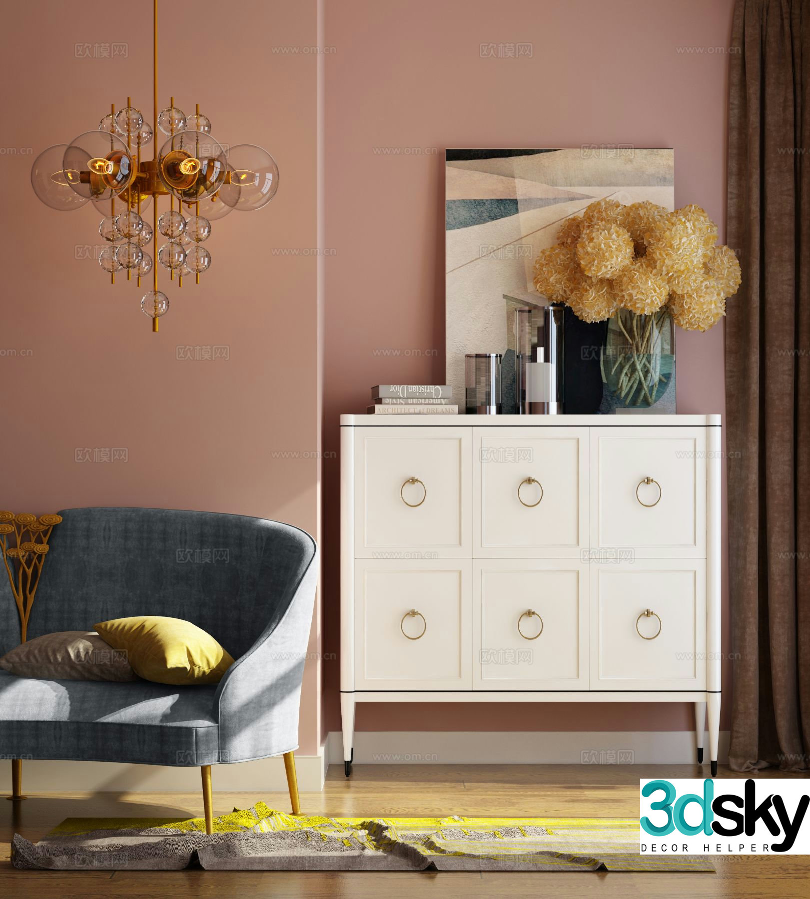 Cream style chest of drawers side cabinet 3d model
