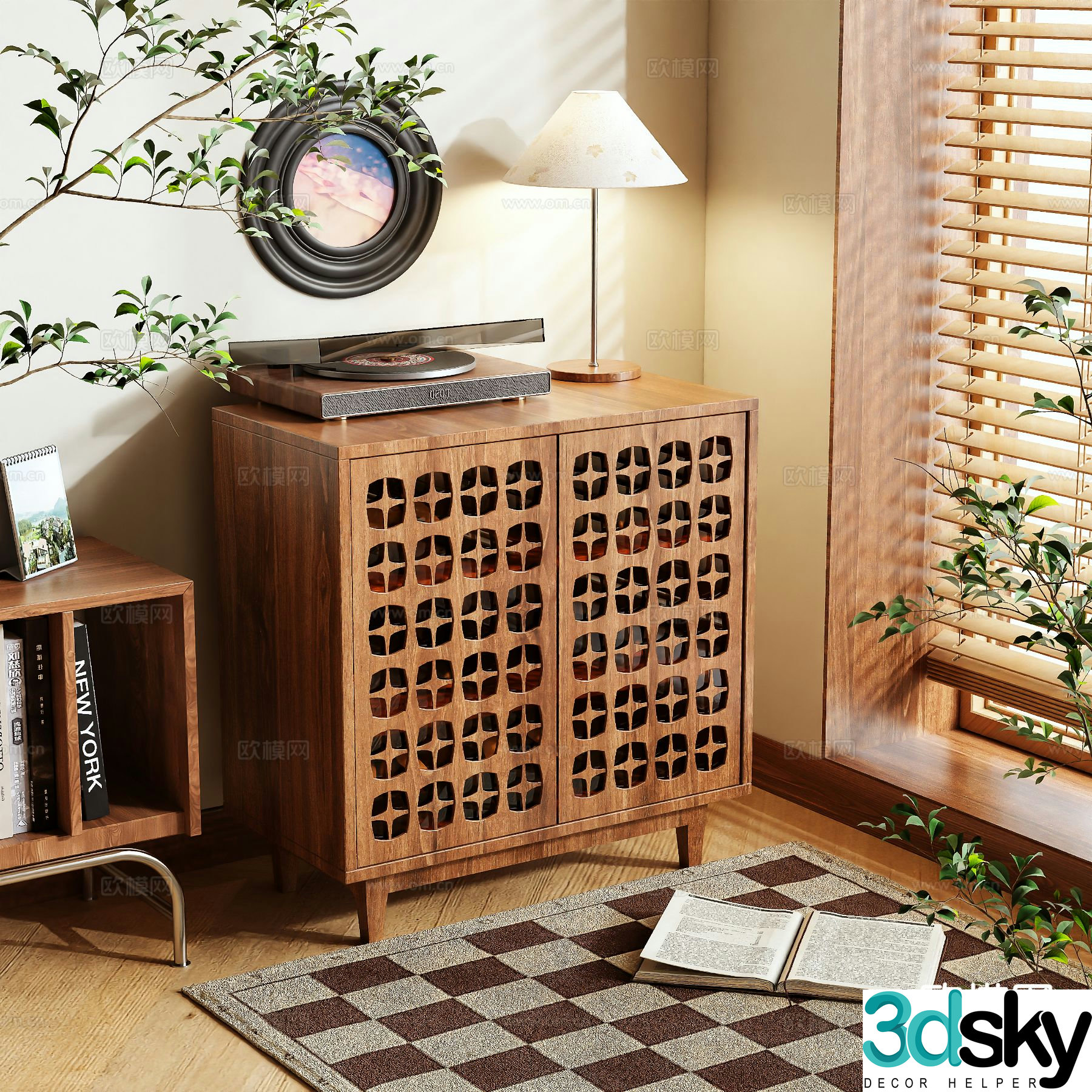 Log style low cabinet entrance shoe cabinet 3D model