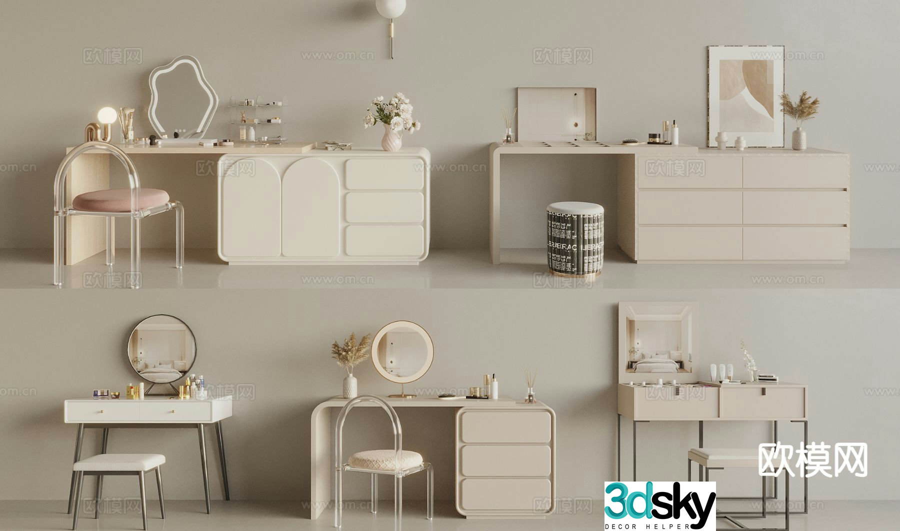 Cream style dressing table makeup table makeup stool makeup table 3D model