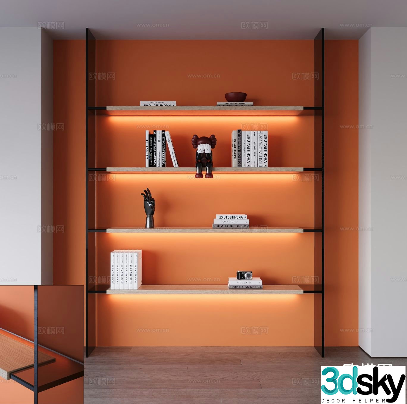 Modern glass bookshelf book ornaments combination 3d model