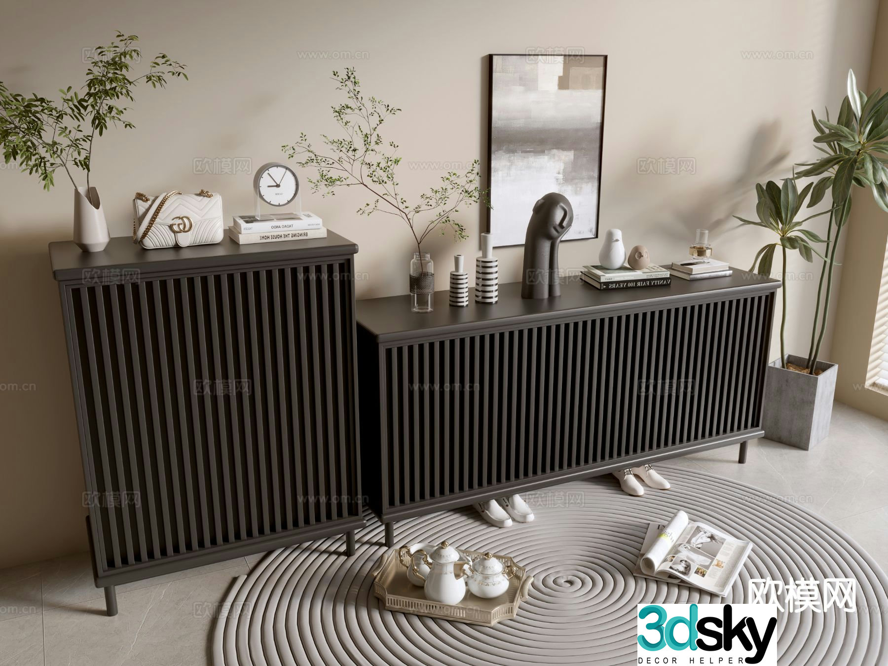 Modern black cabinet shoe cabinet entrance cabinet 3D model
