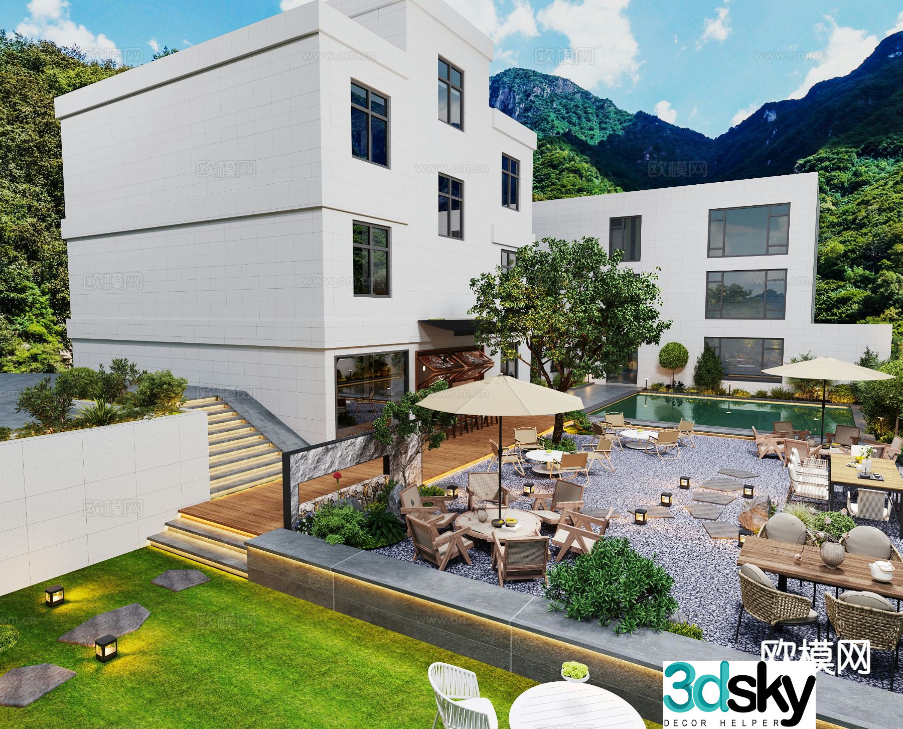 Modern outdoor cafe B&B courtyard 3D model