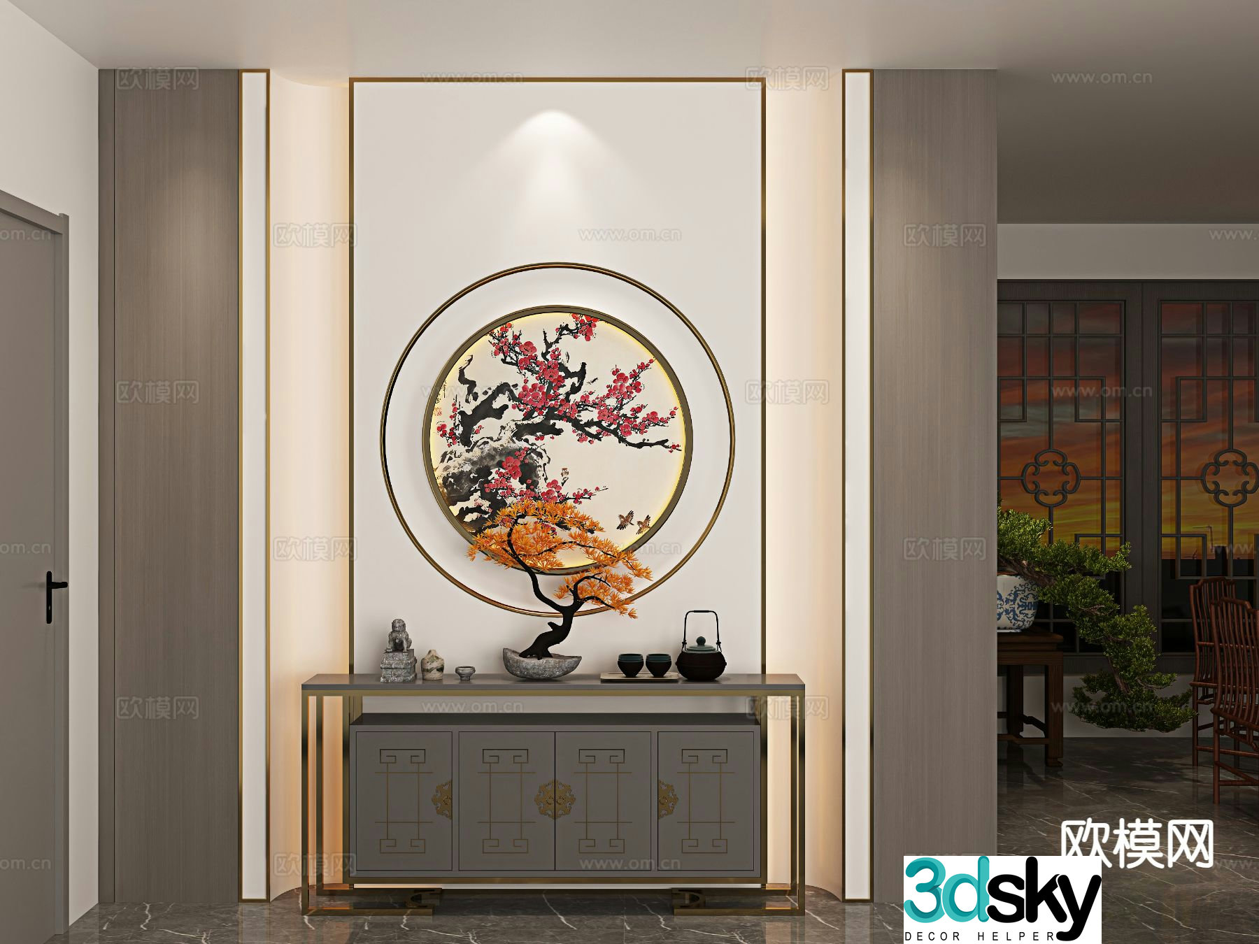 New Chinese style entrance desk background wall end view desk 3D model
