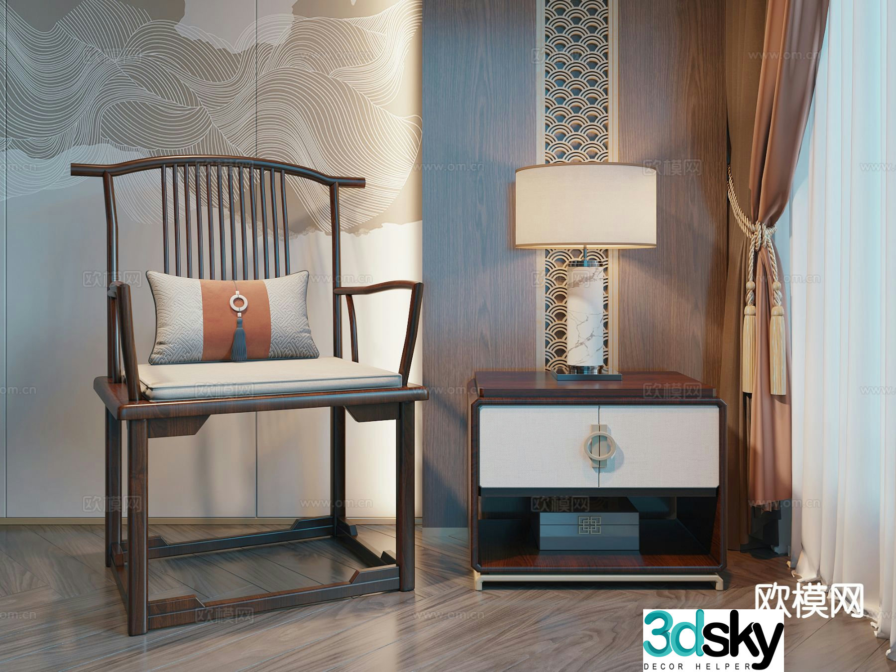 New Chinese style chair official hat chair bedside table 3D model