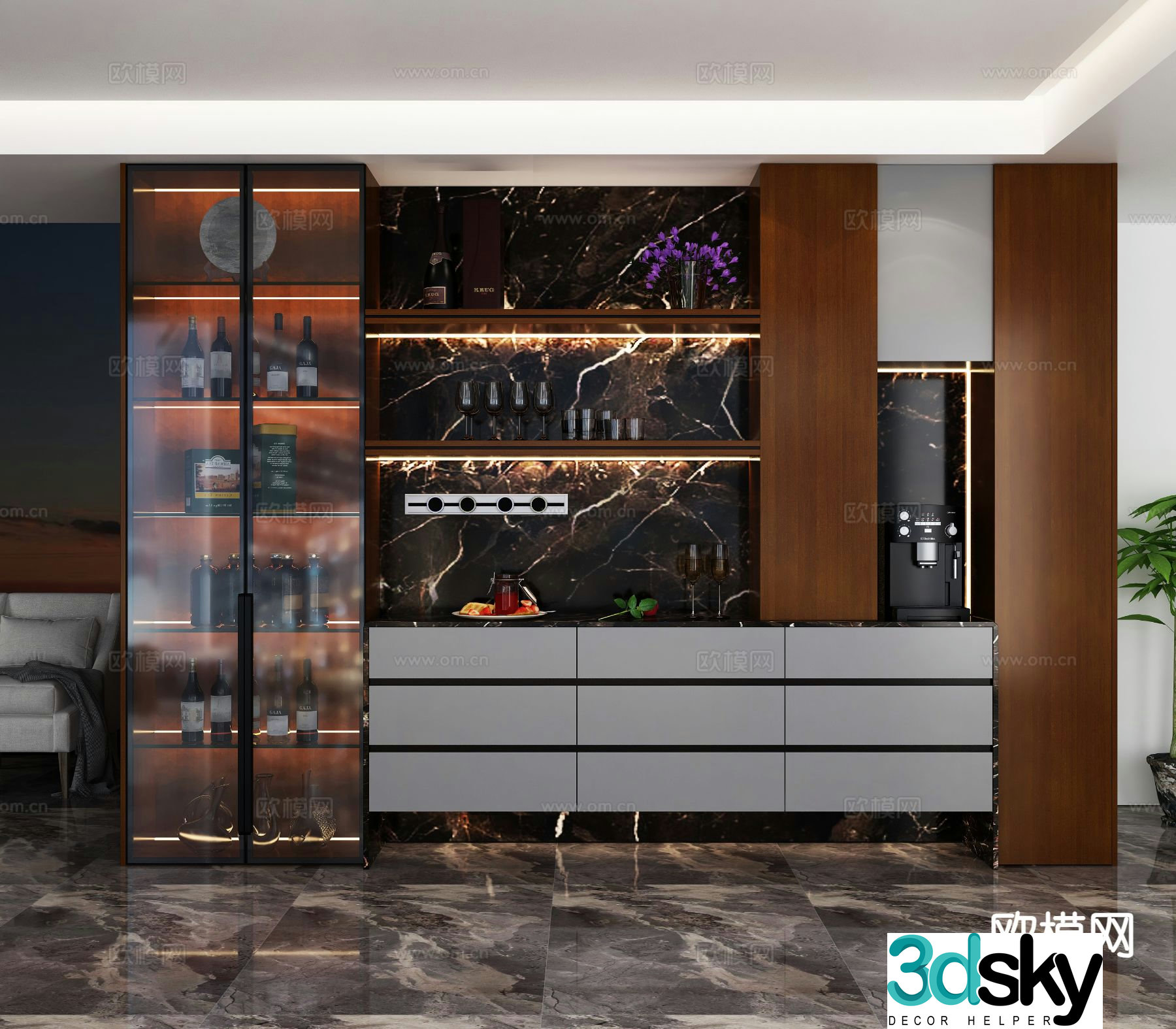 Light luxury wine cabinet sideboard 3D model