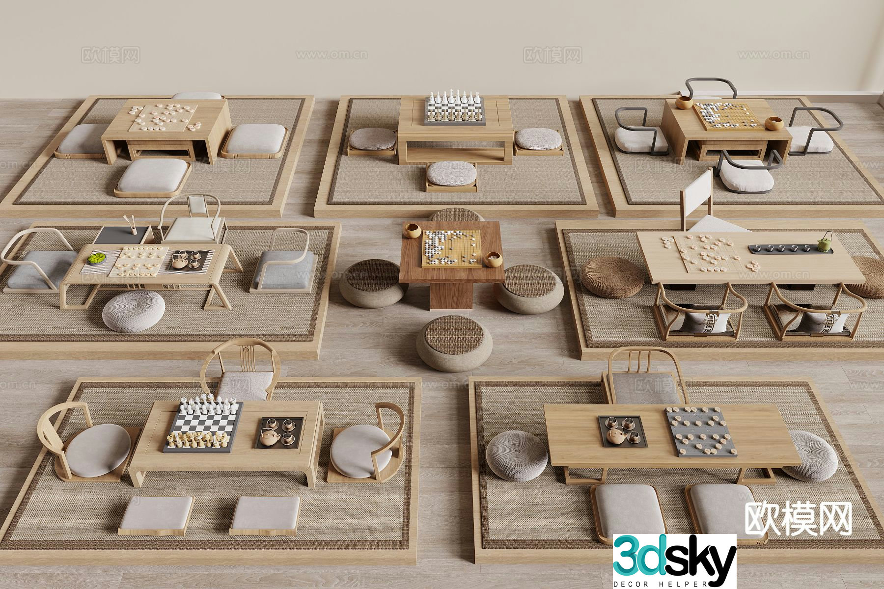 New Chinese style chess and card tables and chairs Tatami chess table 3D model