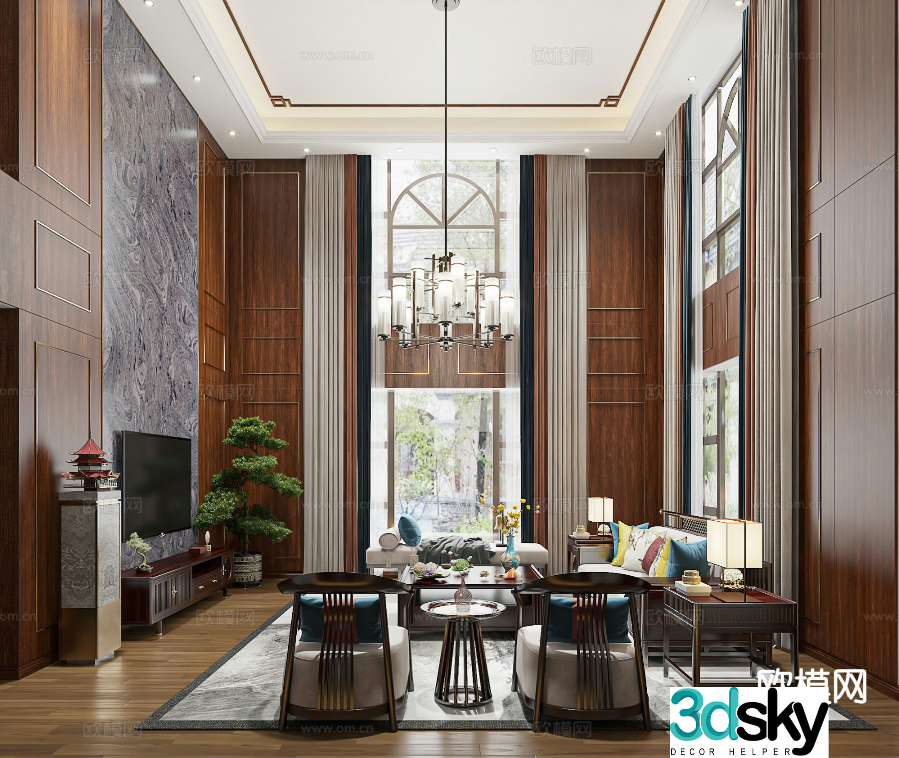 New Chinese style villa living room tea room 3D model