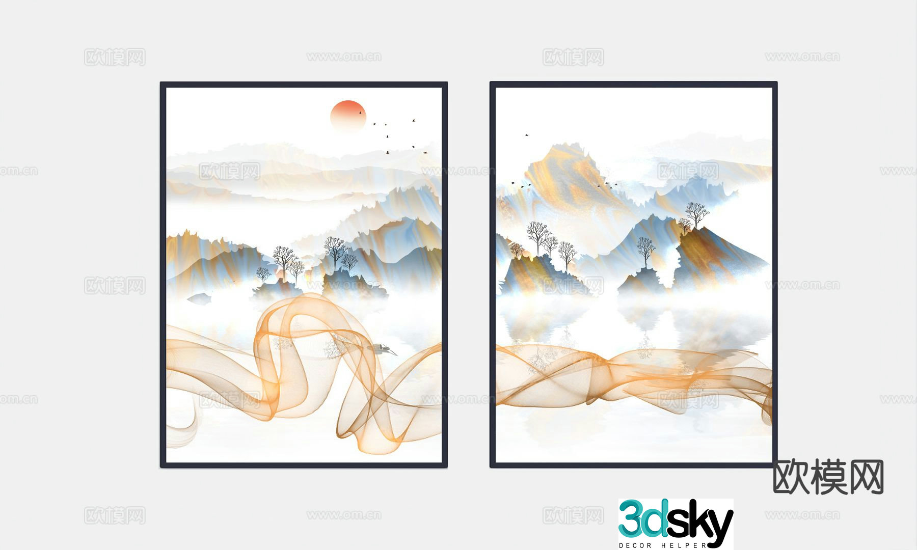 New Chinese style landscape painting decorative painting 3D model