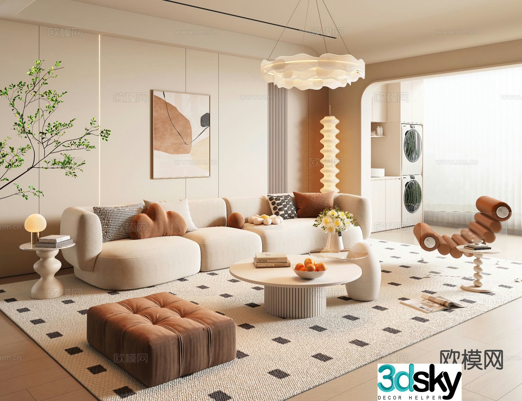 Cream style living room sofa coffee table combination 3d model