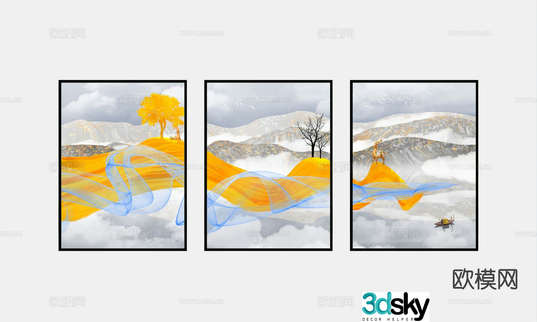 New Chinese style landscape painting decorative painting 3D model