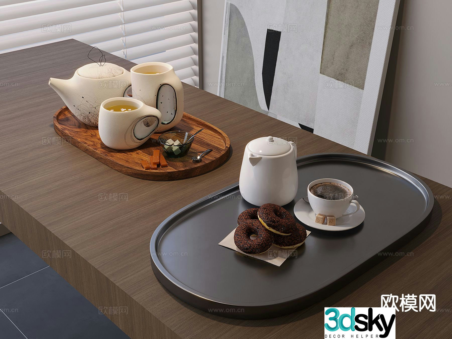 Modern tea set teapot tea cup tray 3d model