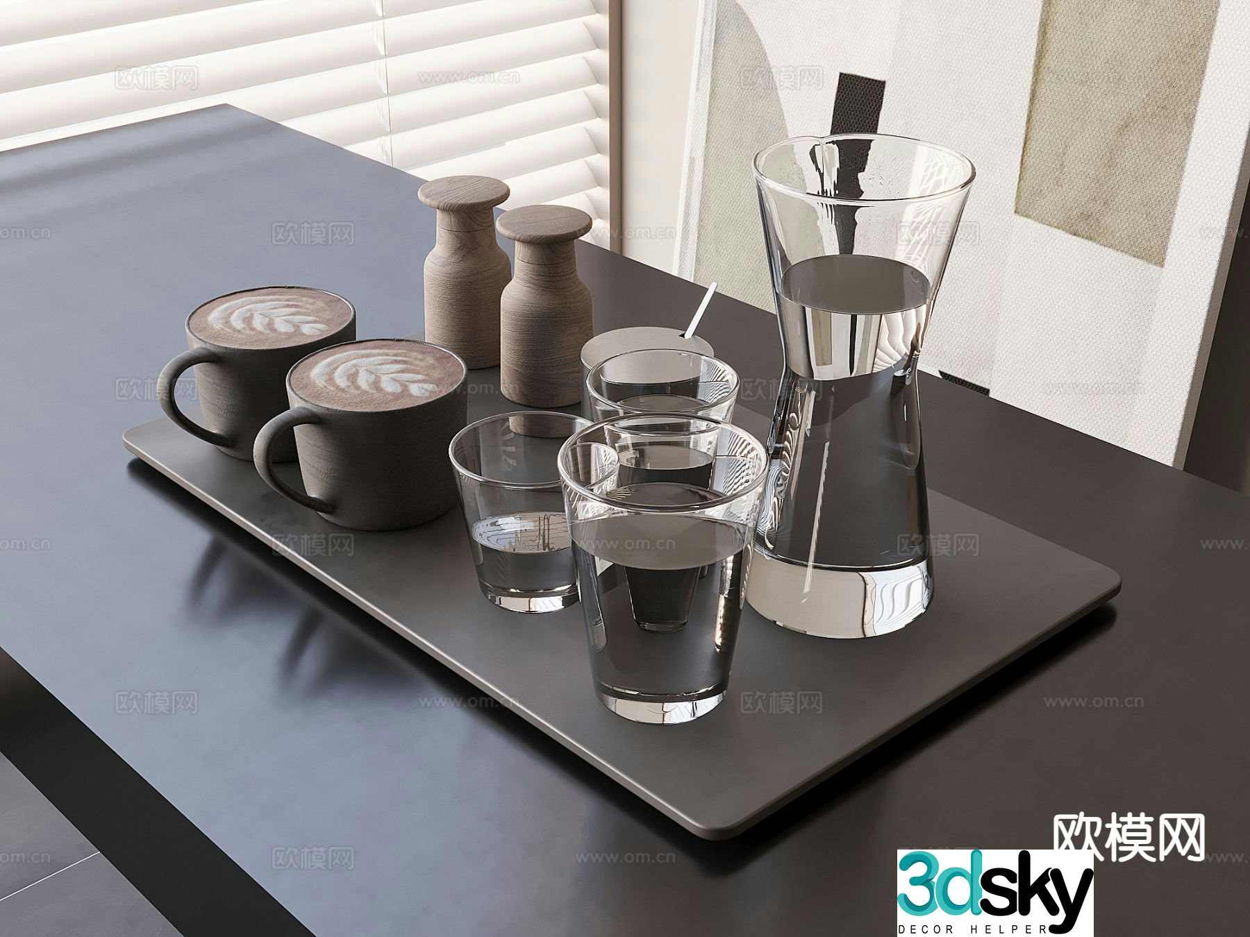 Water cup glass cup coffee cup tray latte art coffee 3d model