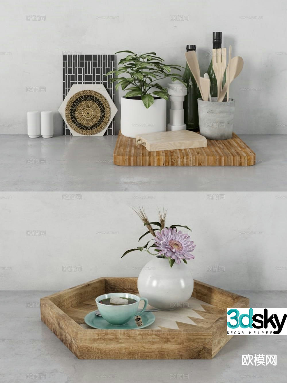 Modern decorations tableware books vases 3D model