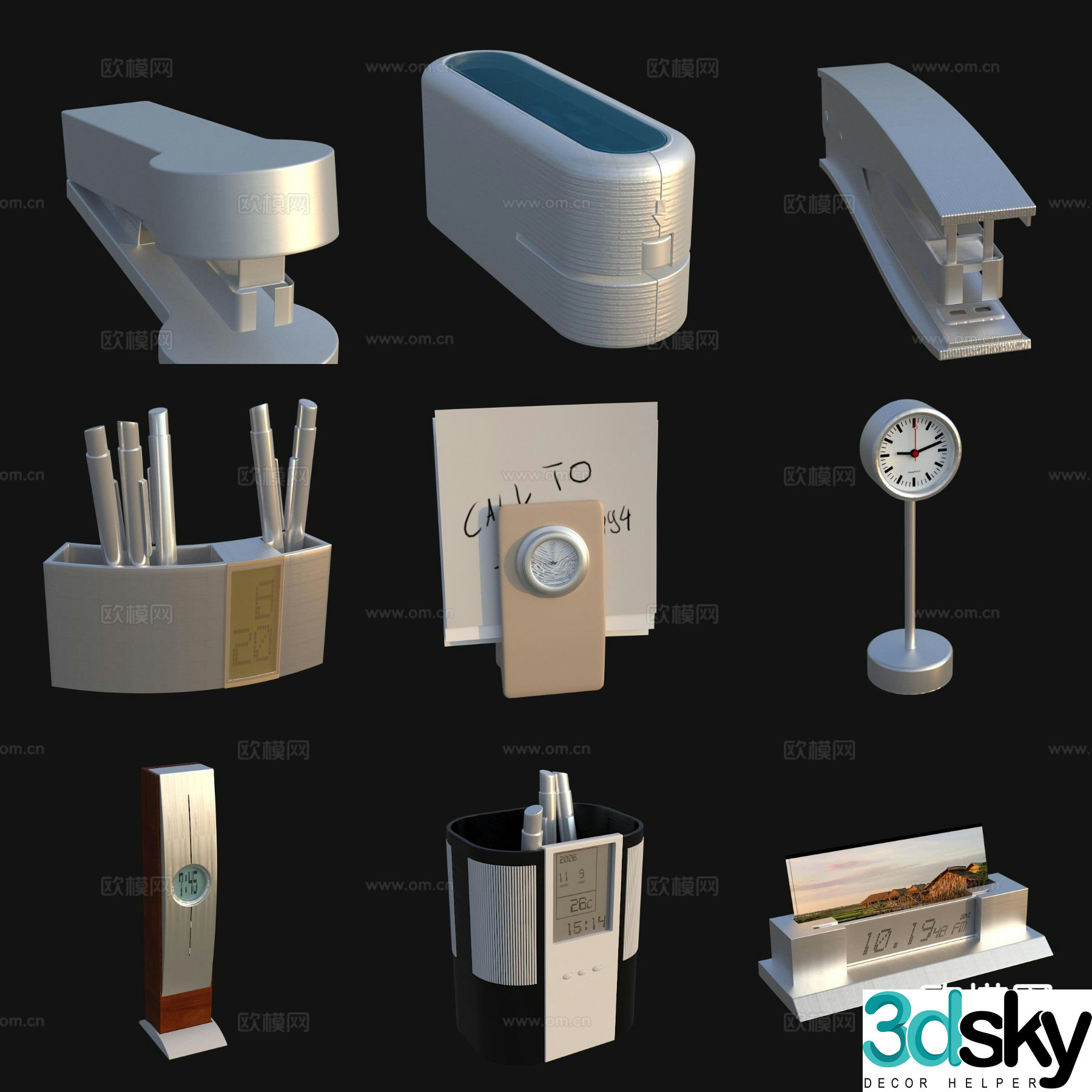 Office supplies note paper and pen stapler clock 3d model