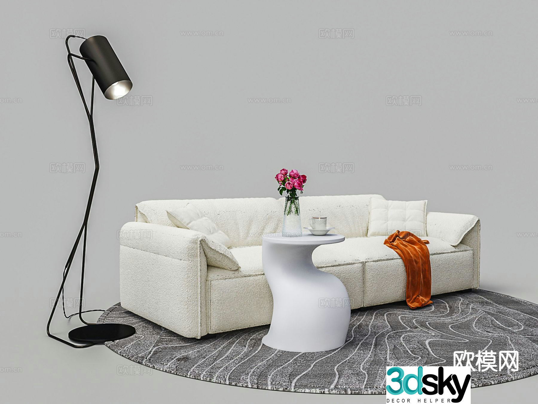 Modern white velvet sofa three-seat sofa 3d model