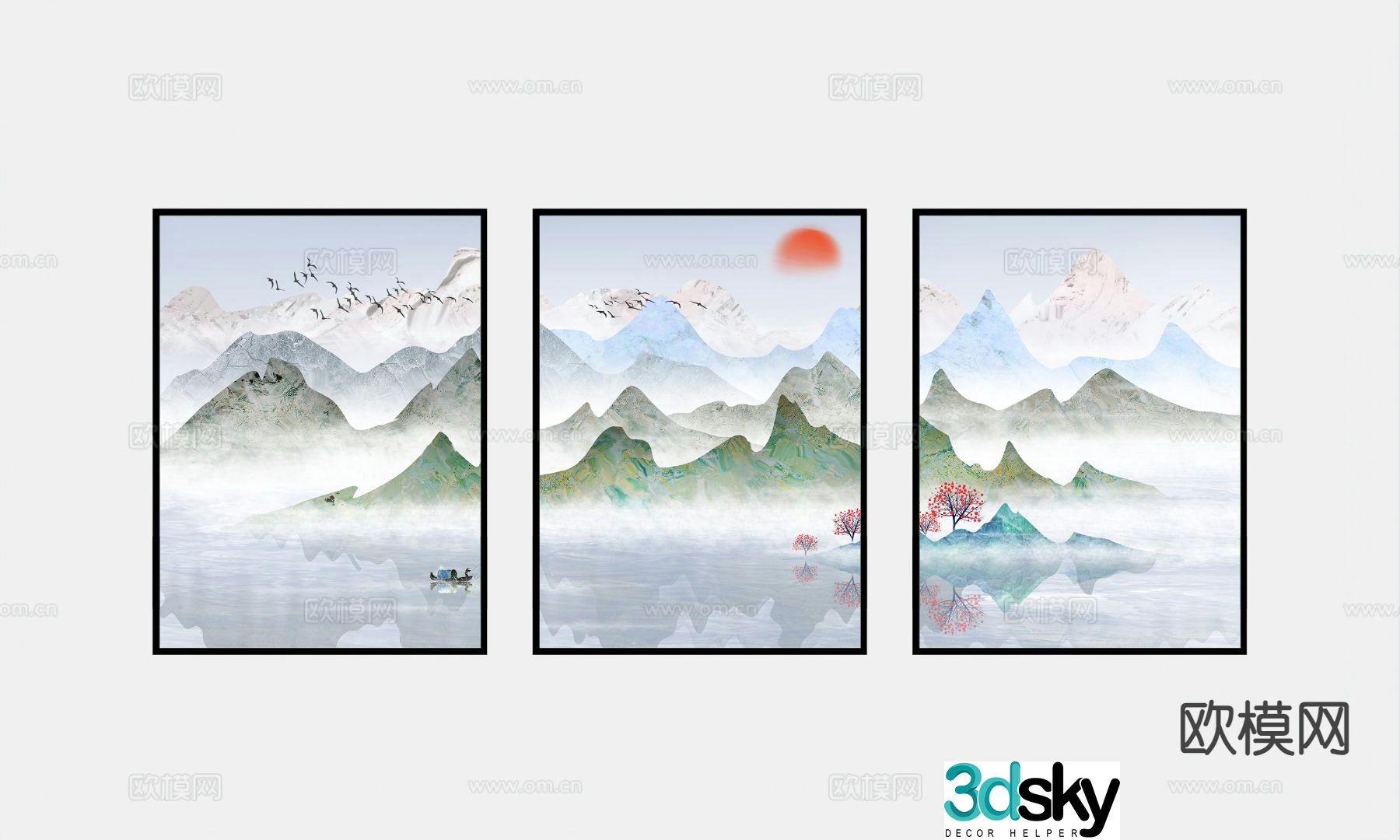 New Chinese style landscape painting decorative painting 3D model
