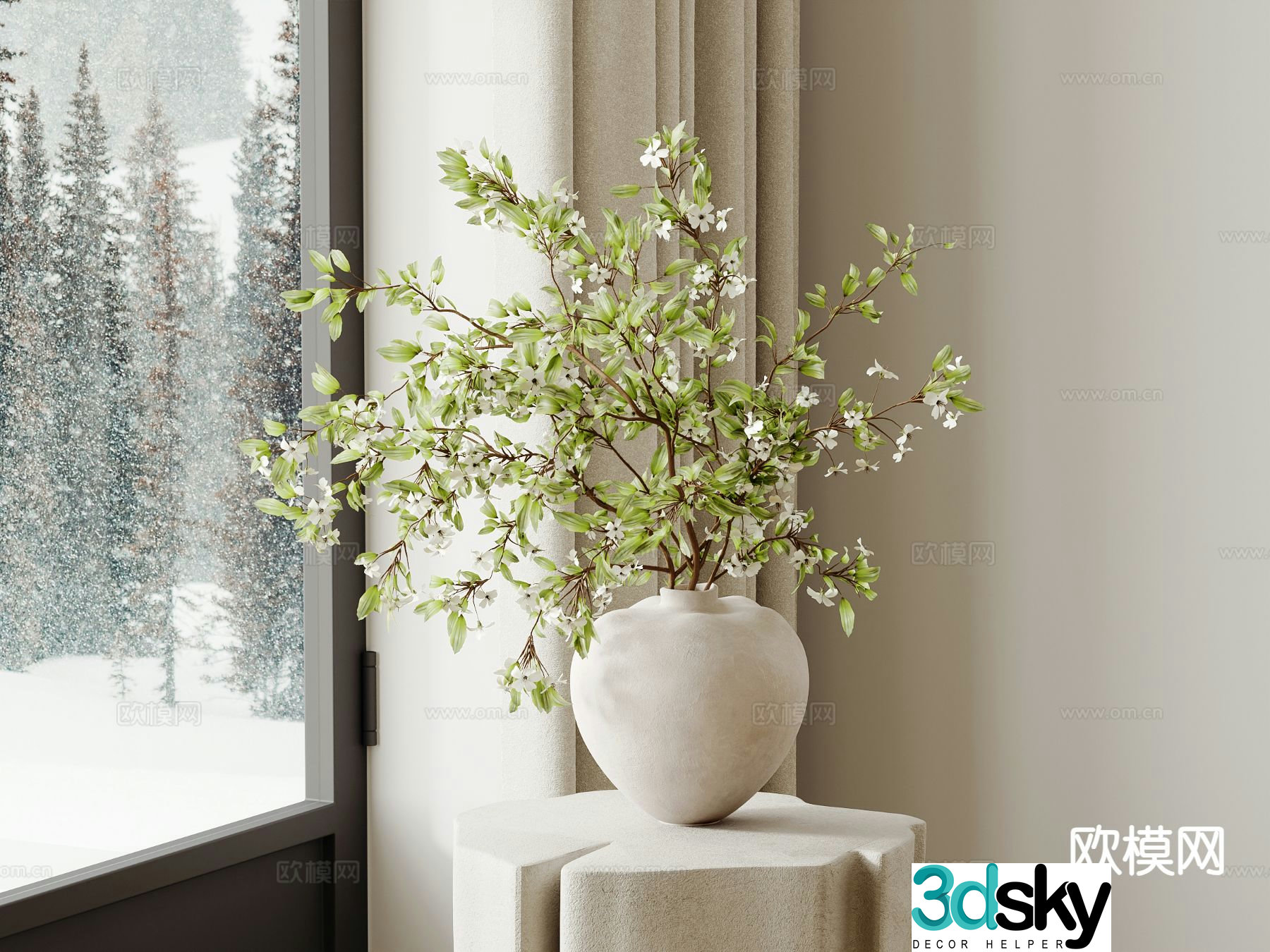 Cream style vase floral arrangement green plant vase 3d model