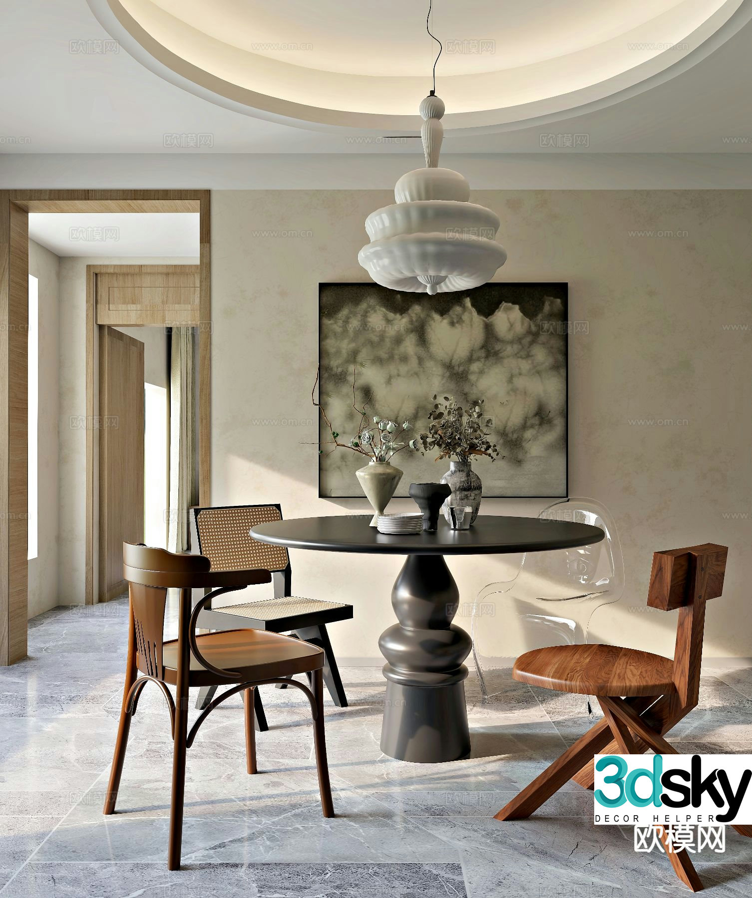 Medieval style dining table and chairs round dining table 3D model