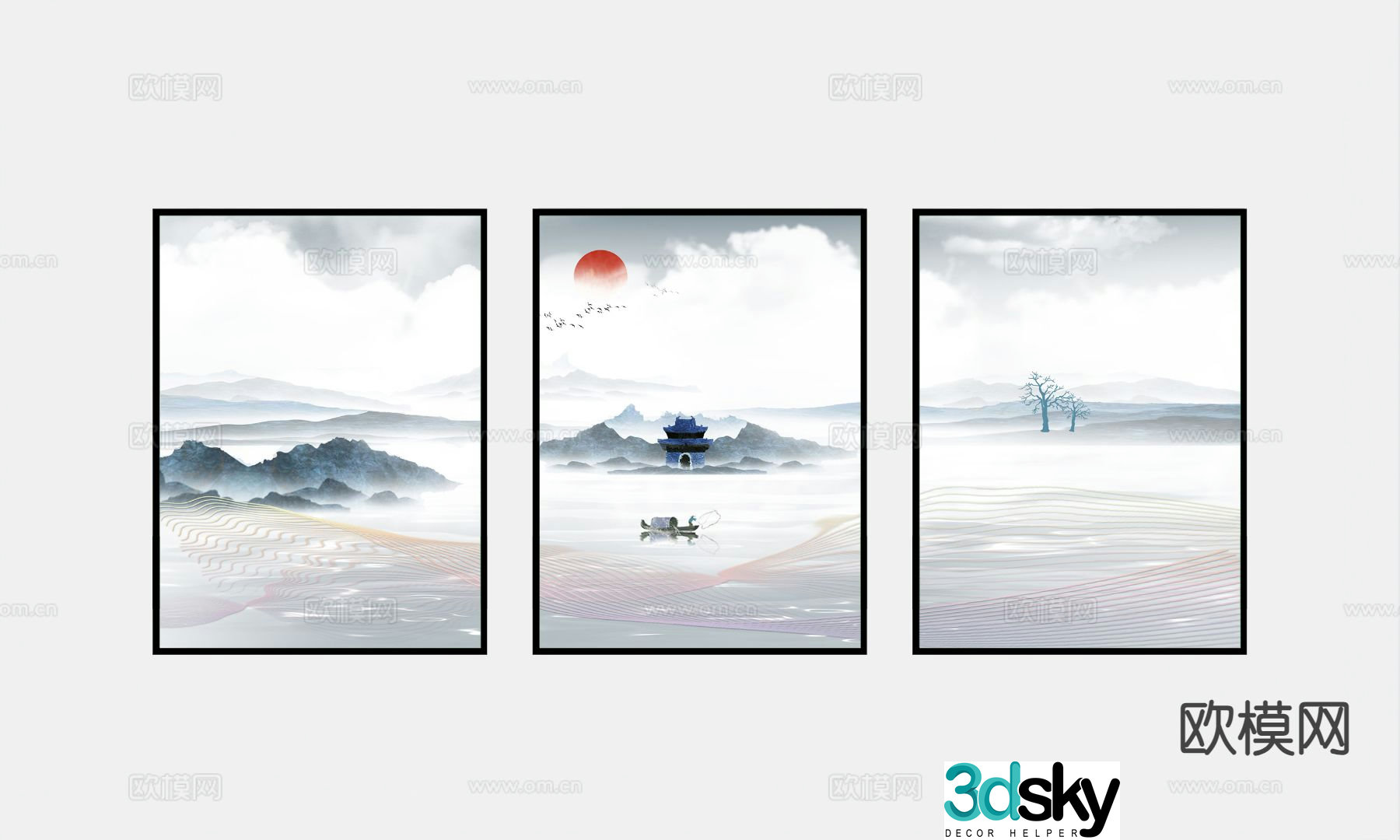 New Chinese style landscape painting decorative painting 3D model