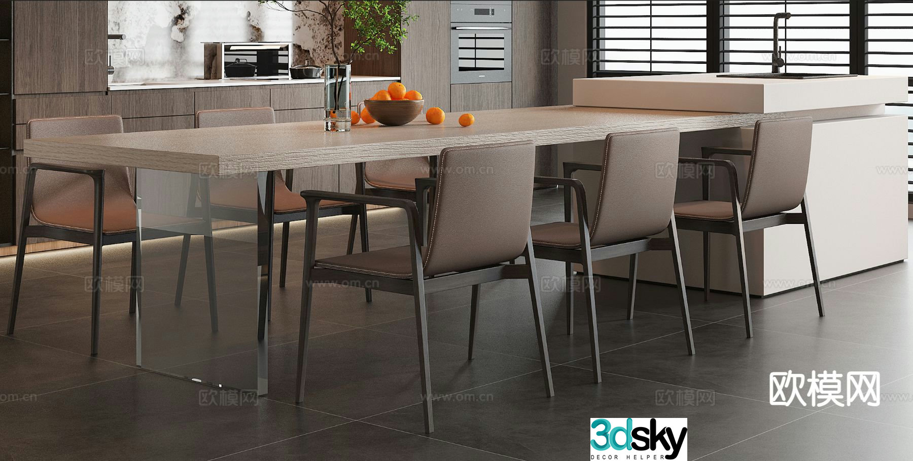 Italian dining table and chairs island dining table 3d model