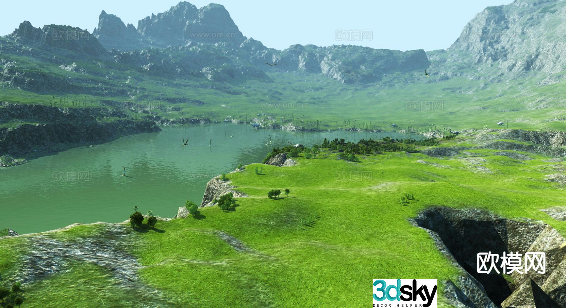 Modern lake mountain forest natural landscape 3d model
