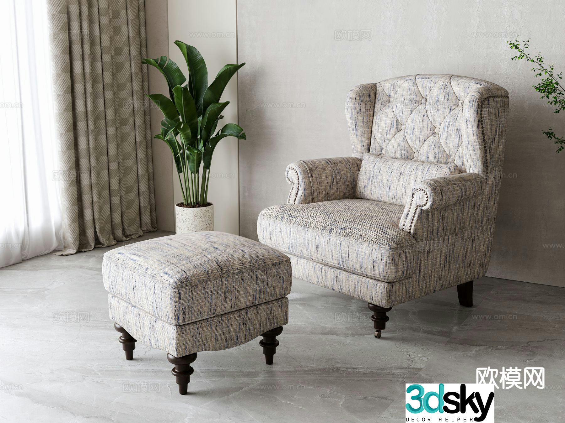 American single sofa footstool 3d model
