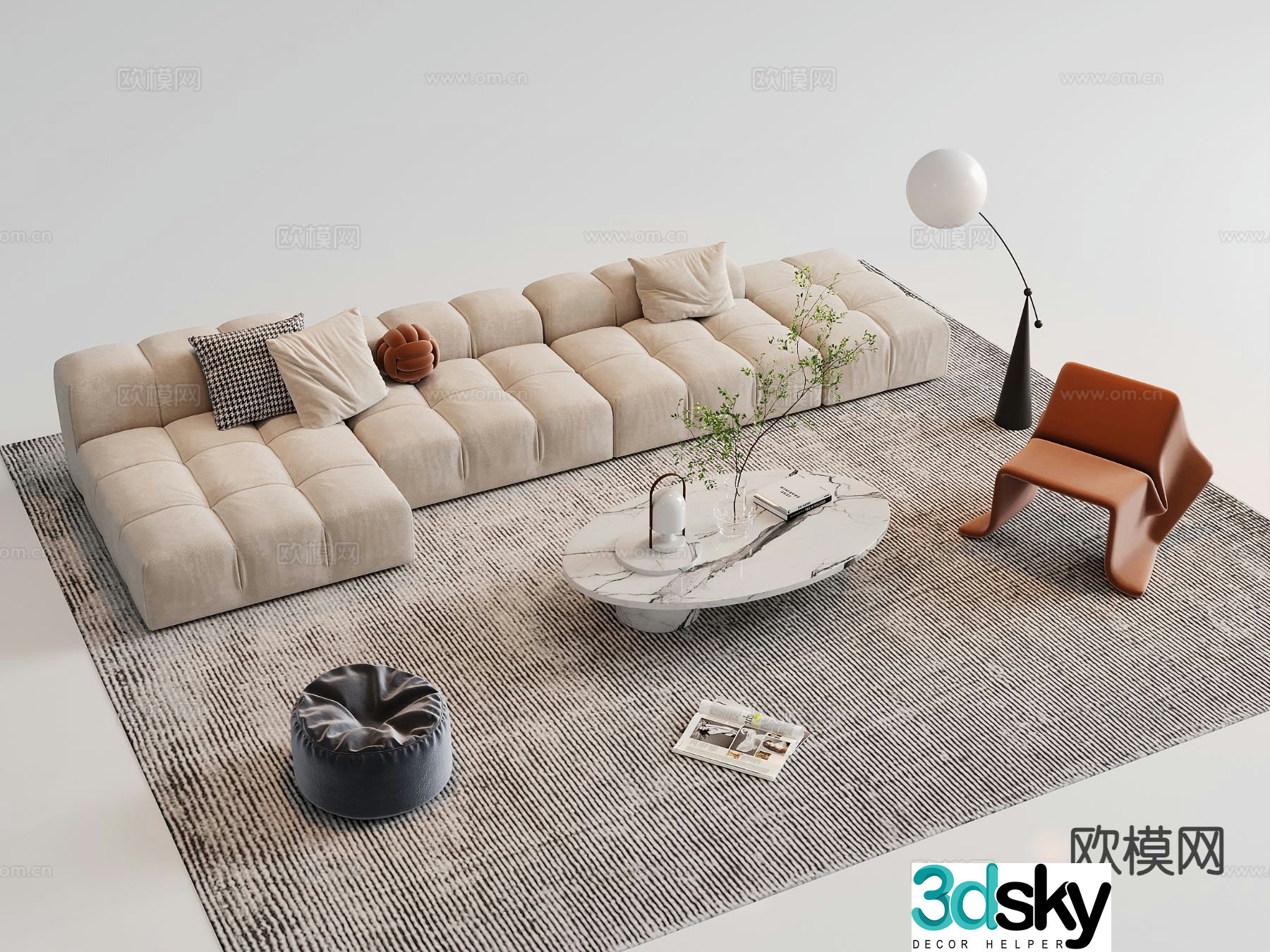 Cream style modular sofa L-shaped corner sofa single sofa coffee table 3D model