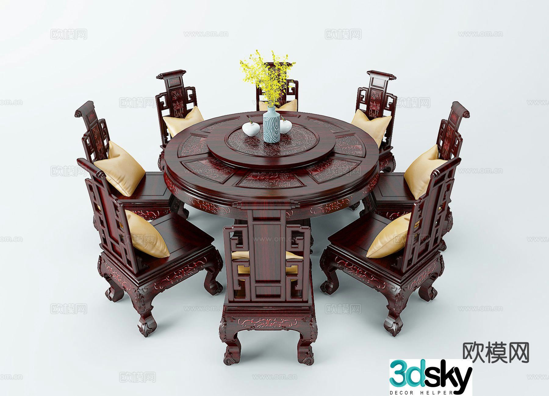 Chinese style dining table and chairs round dining table 3D model