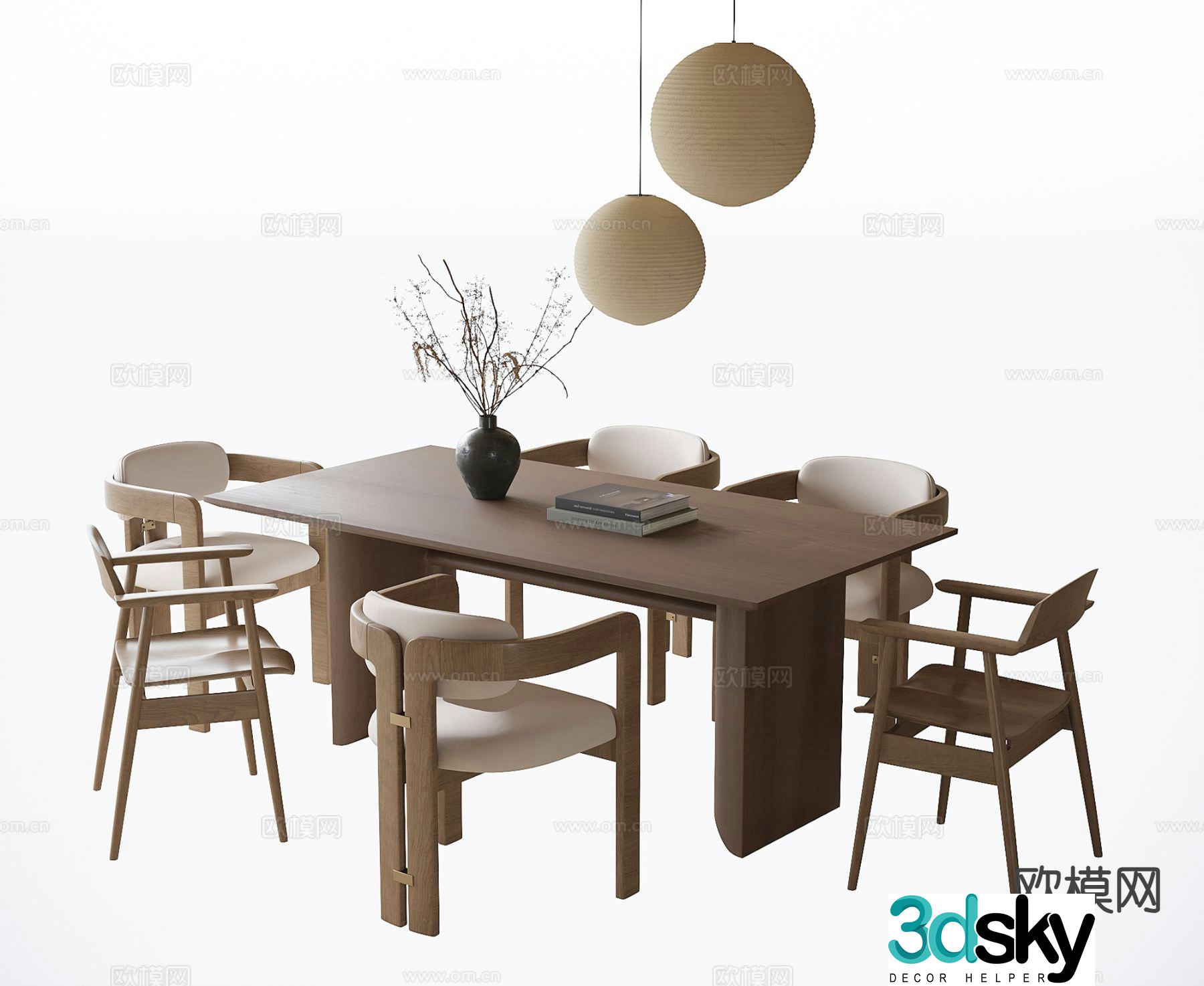 Nordic dining table and chairs strip dining table 3d model