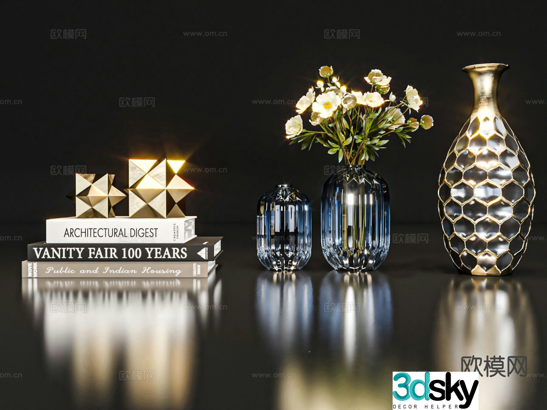 Modern decorations tableware books vases 3D model