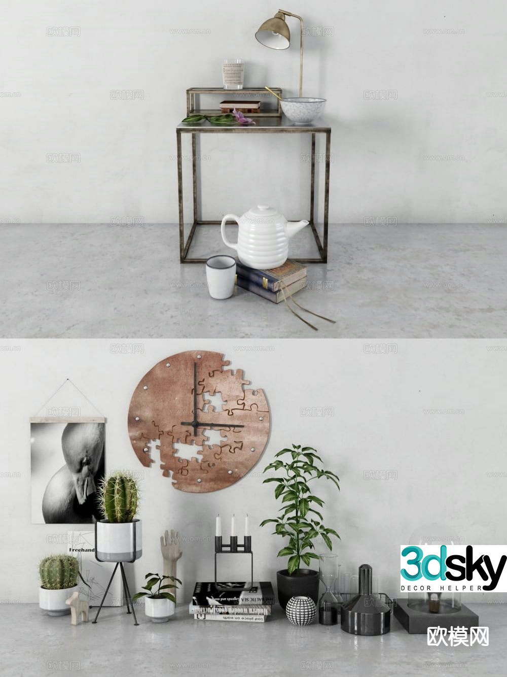 Modern decorations desktop ornaments books potted plants hanging paintings 3D model