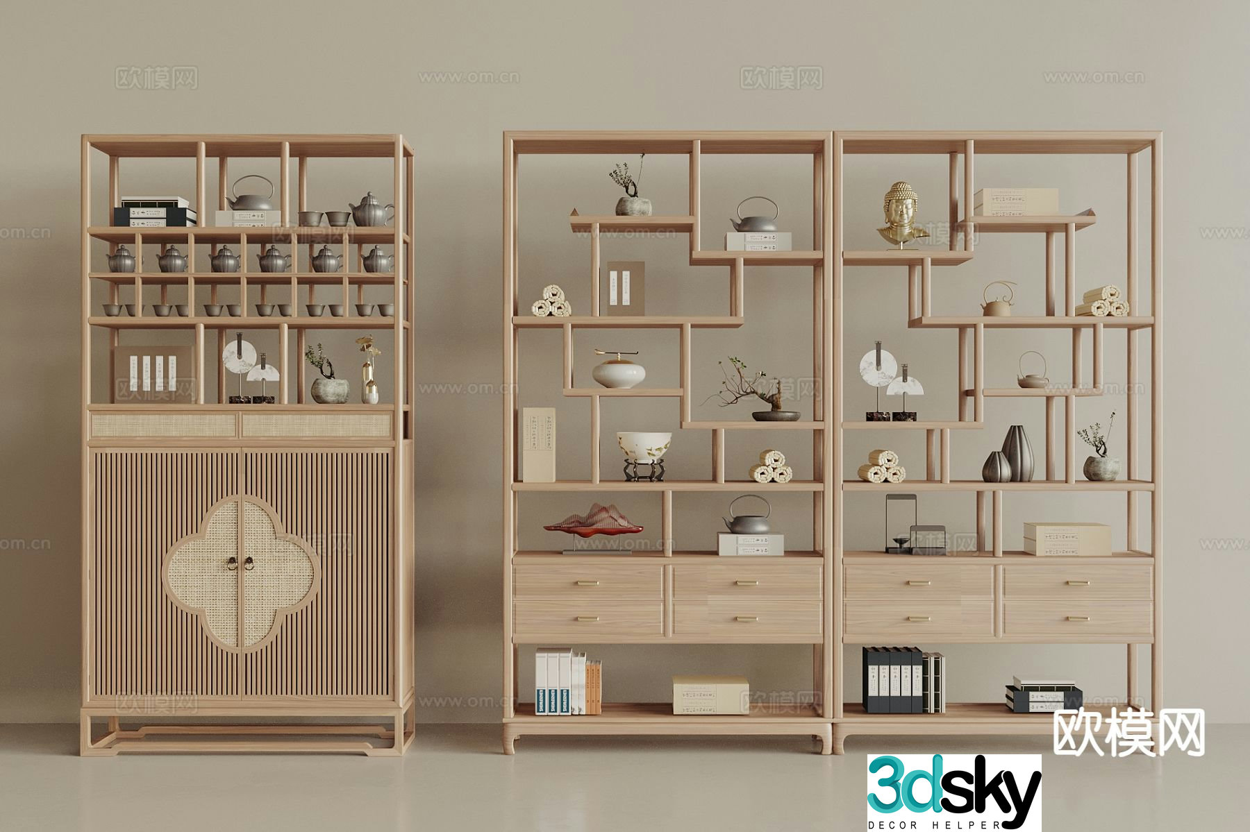 New Chinese style book shelf bookshelf tea cabinet 3D model