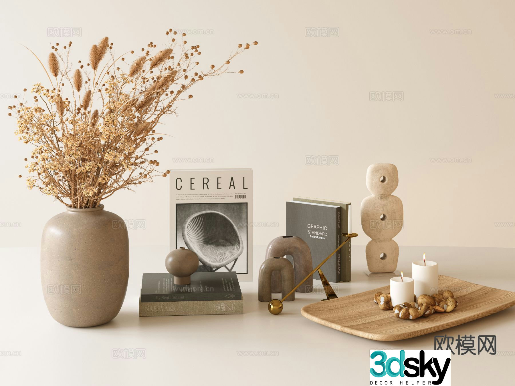 Wabi-sabi ornaments set table decorations candle ornaments vase book cherry 3D model