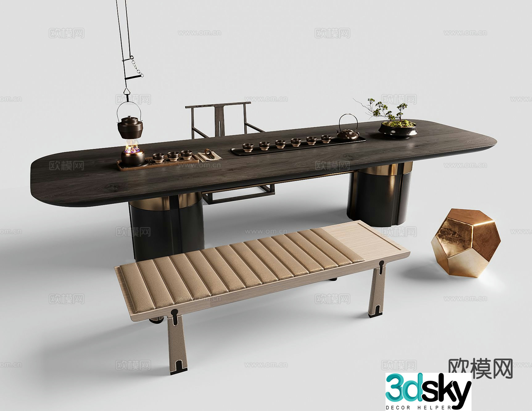New Chinese tea table and chairs 3d model