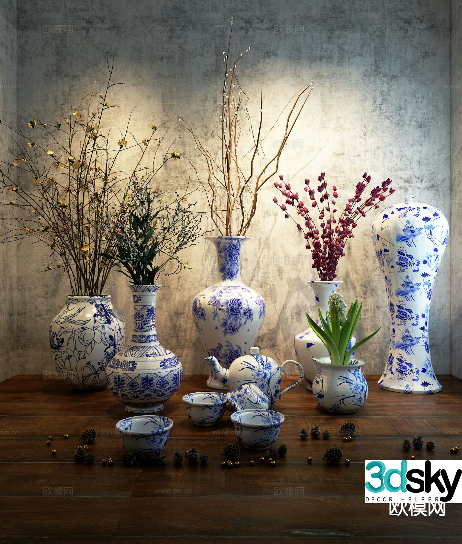Chinese vase floral arrangement dried flowers flower arrangement 3d model
