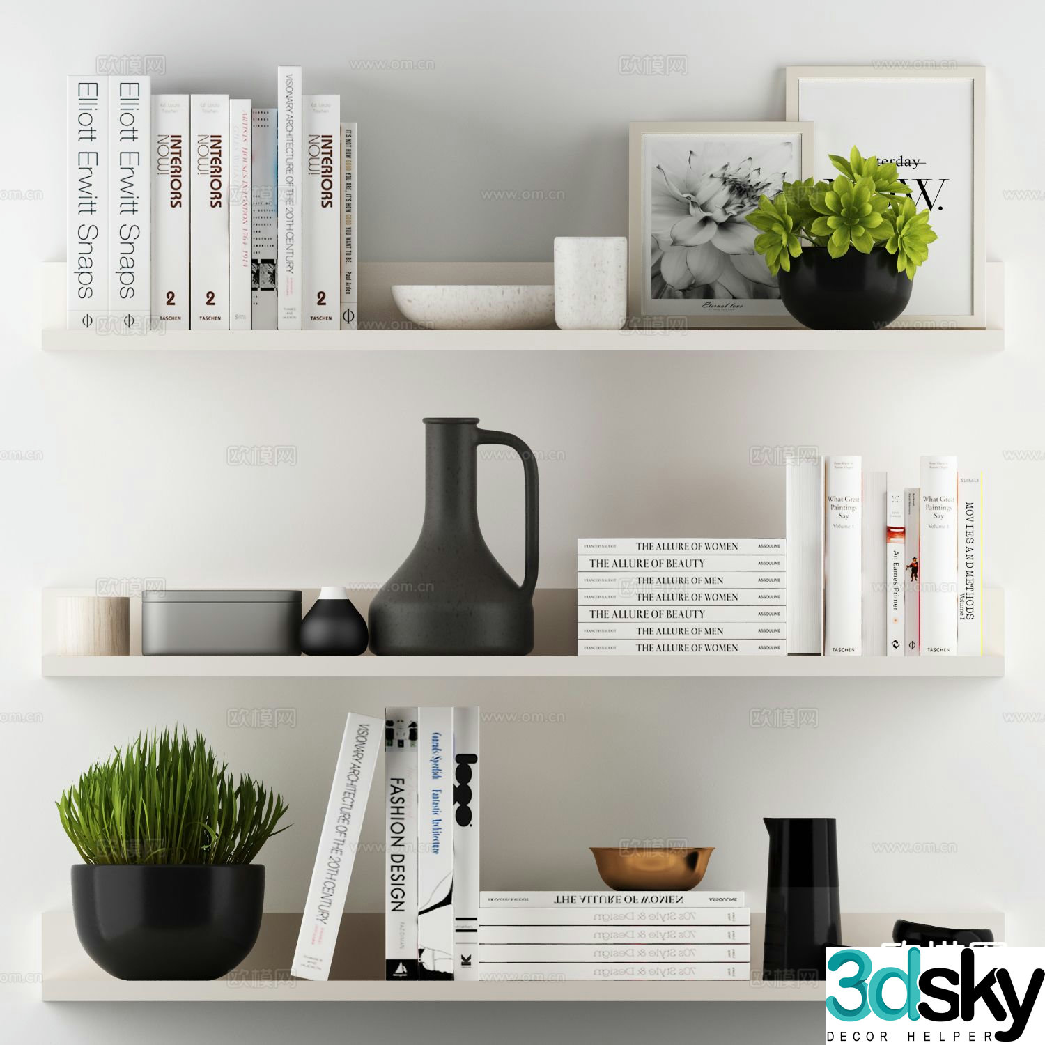 Modern decorations books potted plants 3D model