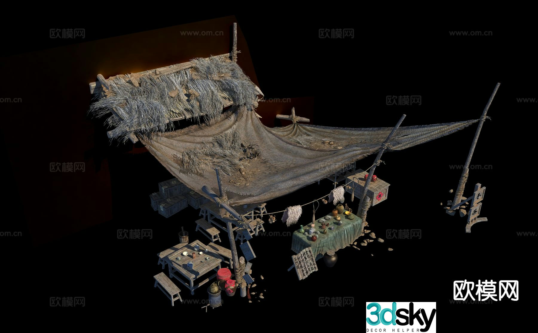 Chinese farm tools dilapidated tents folk sketch 3D model