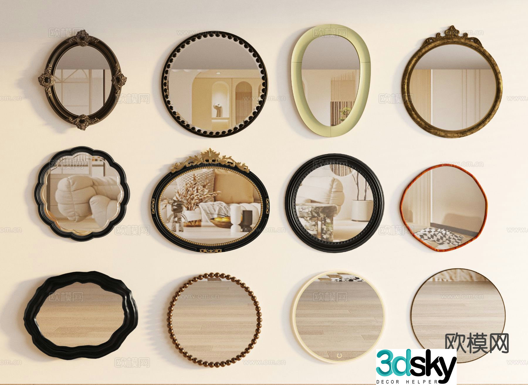 French mirror hanging mirror round mirror 3d model