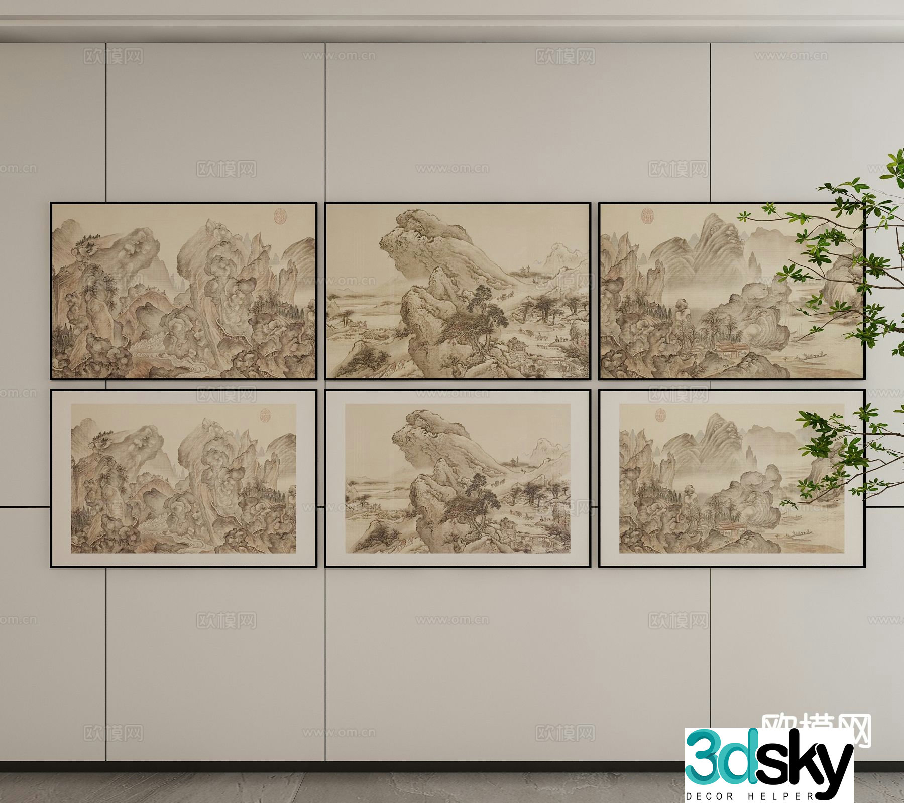 New Chinese style landscape painting decorative painting 3D model