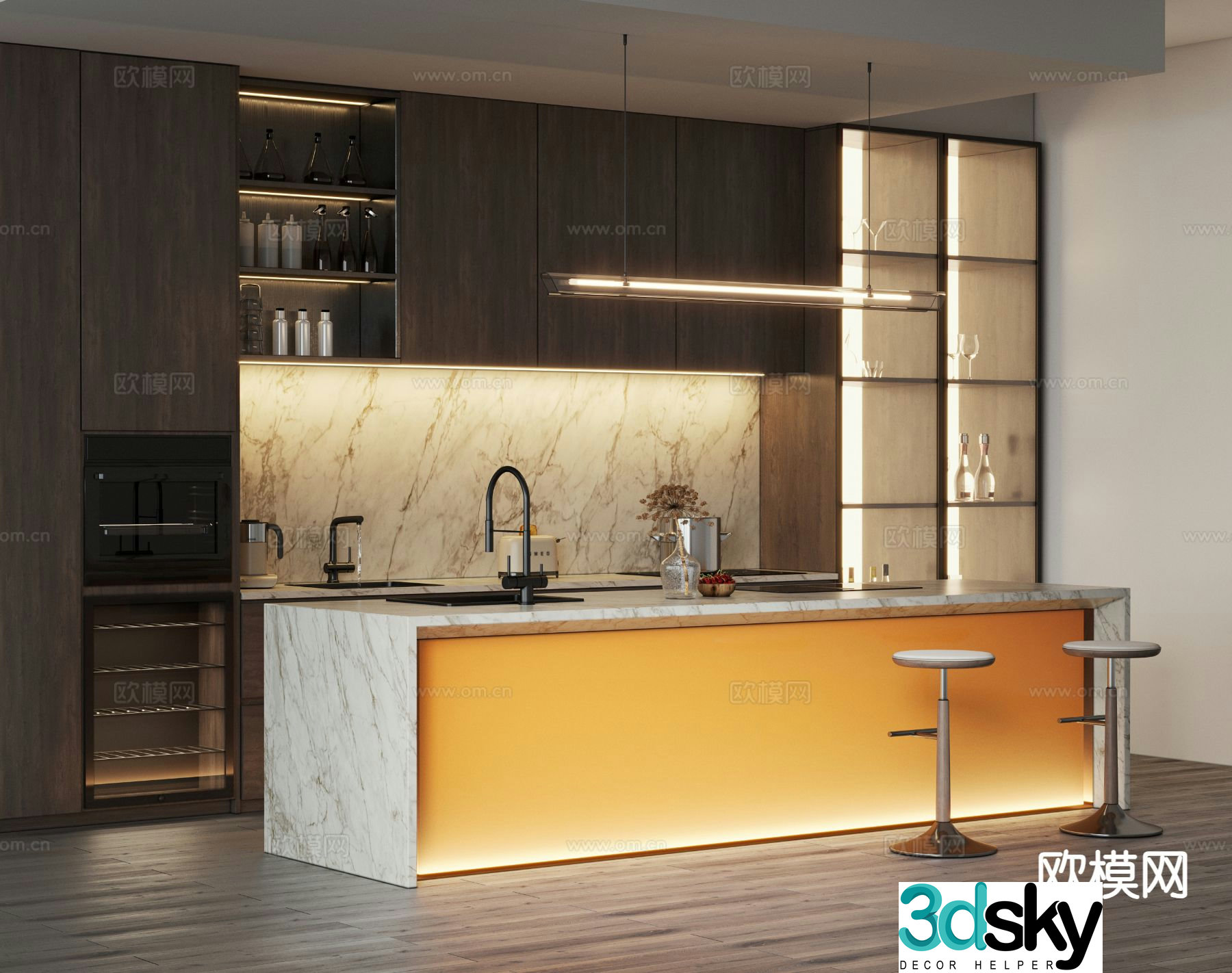 Semi-open kitchen island kitchen acrylic island 3d model