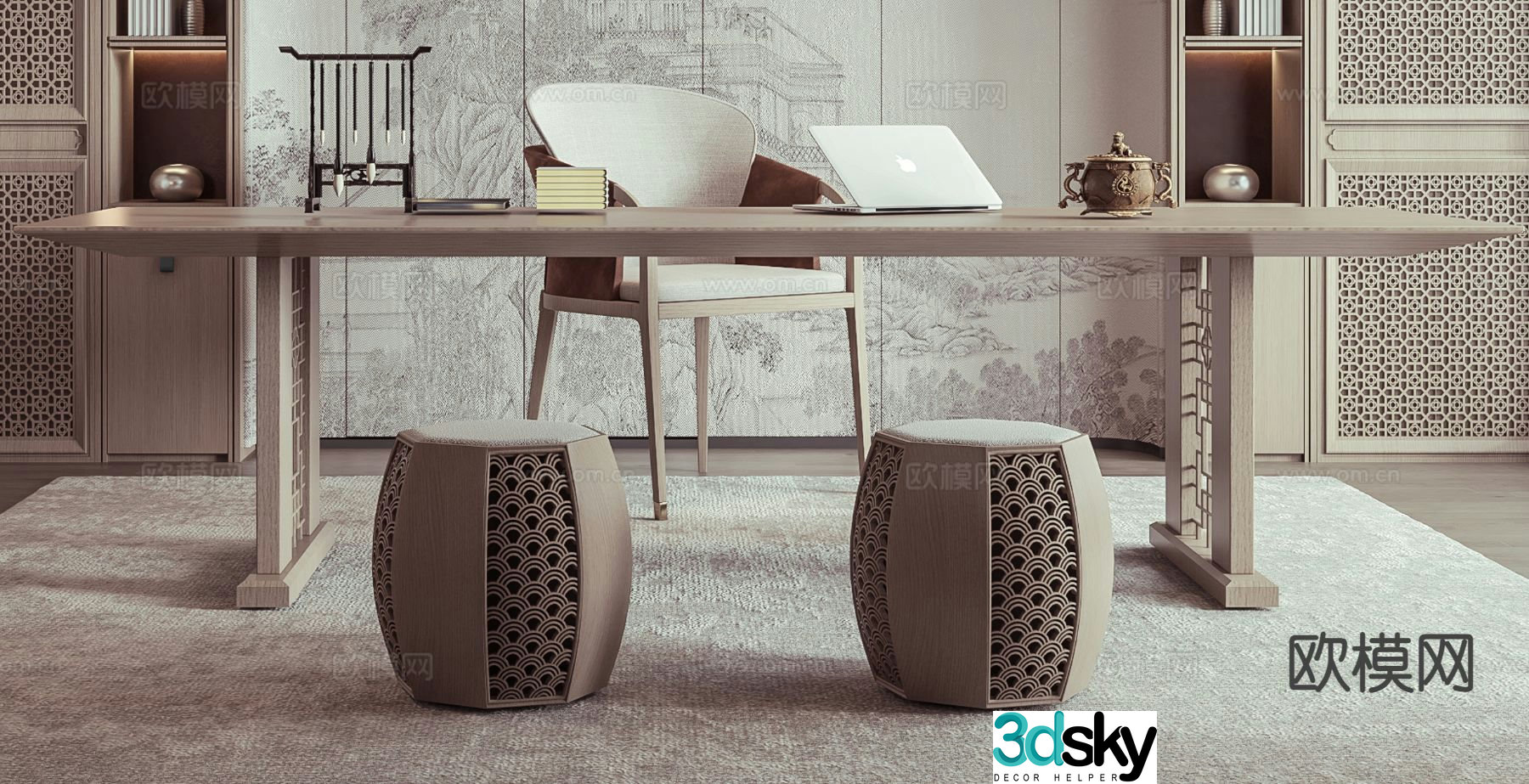 New Chinese style desk and chair 3d model