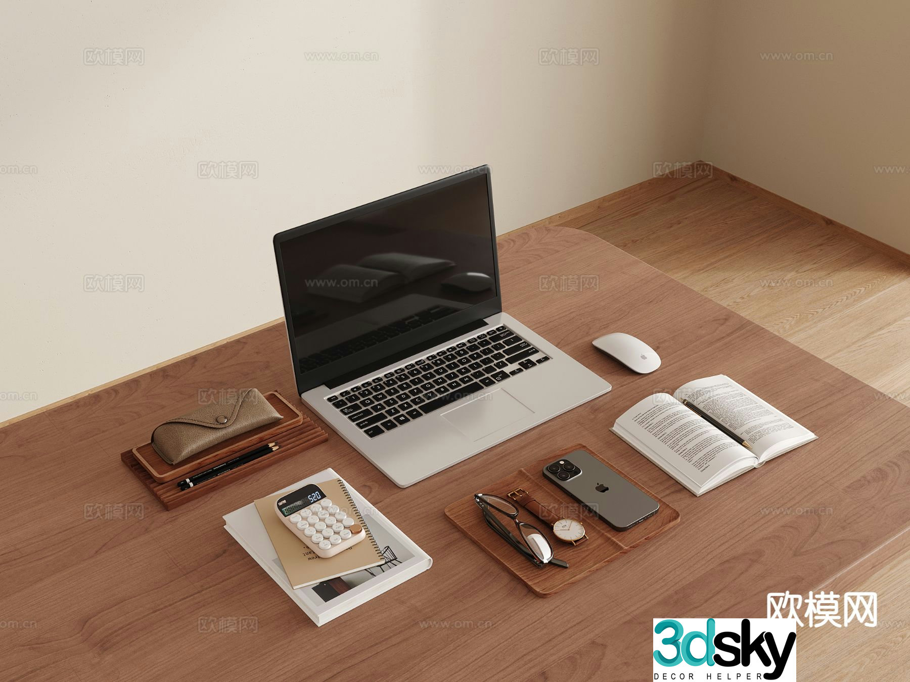Office supplies laptop books mobile phone 3d model